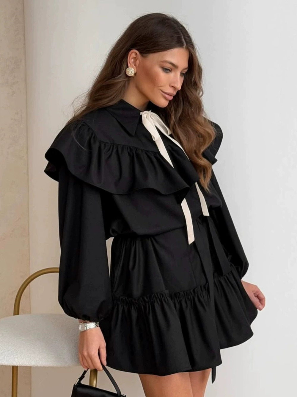 Forever 21 Black Ruffle Dress Fall Loose Tie A-Line Mini